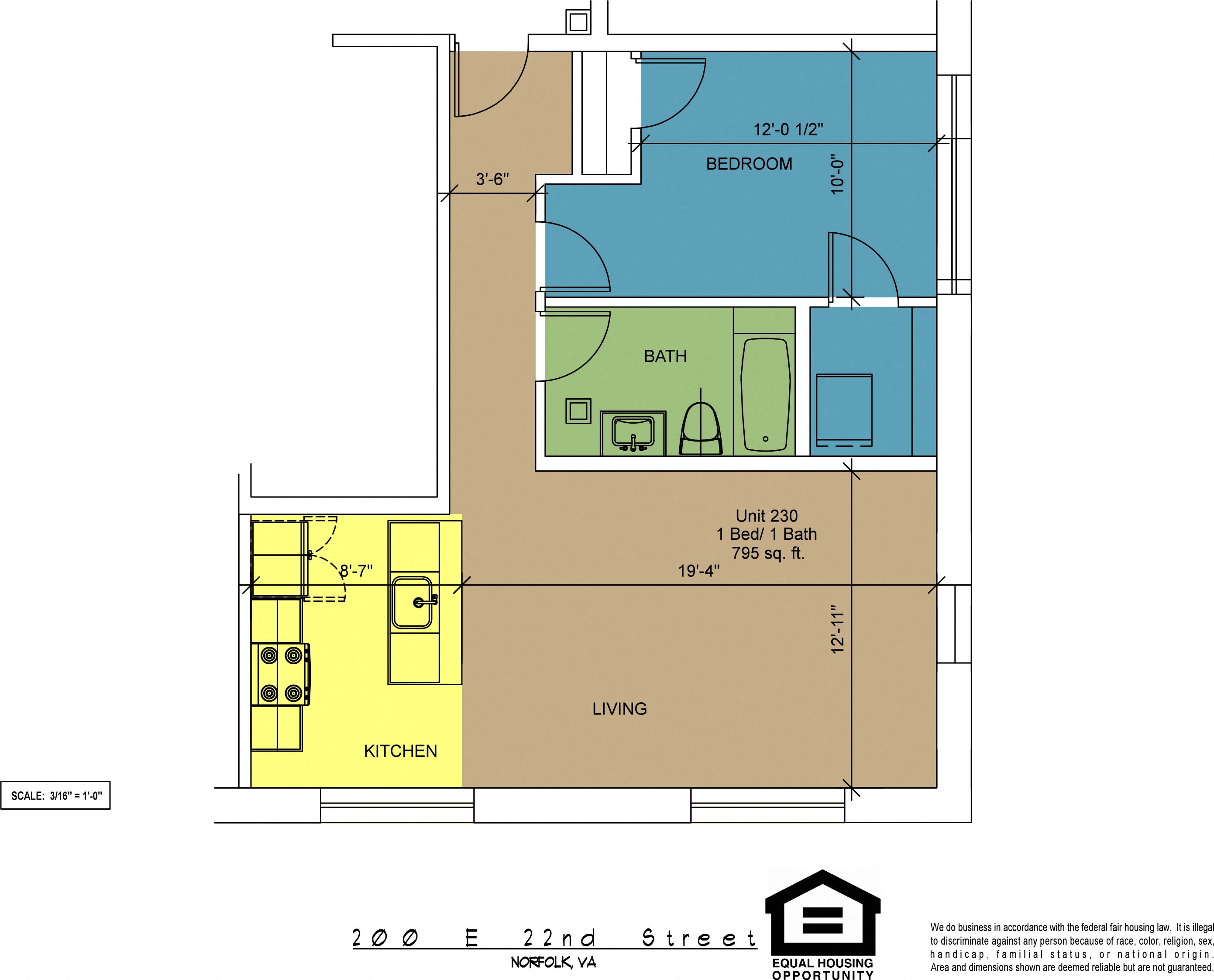 Floor plan for 1 bed, 1 bath, 795 sqft